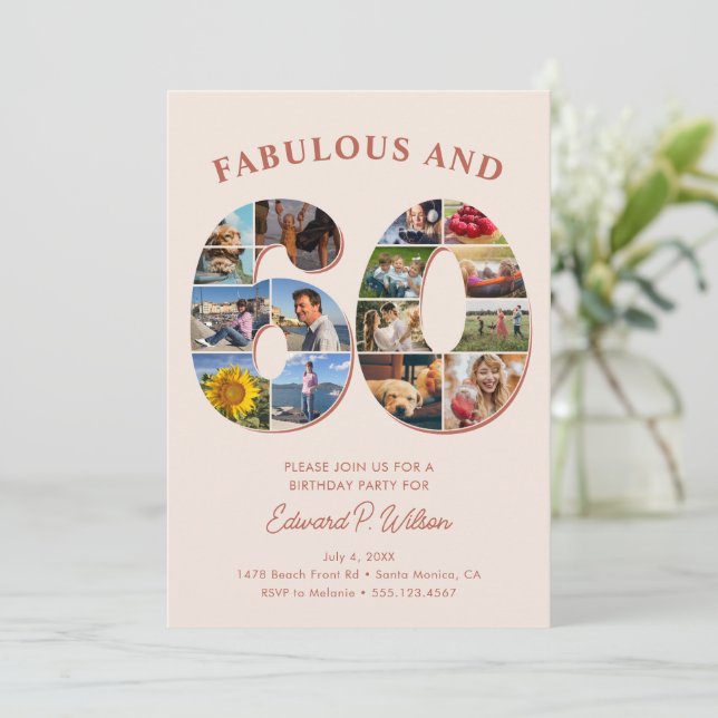 60th Birthday Photo Collage Elegant and Timeless Invitation (Standing Front)