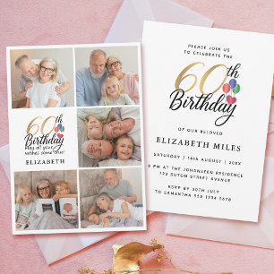 60th Birthday Photo Collage Gold Script Typography Invitation