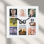 60th birthday photo collage guy square wall clock<br><div class="desc">A wall clock as a gift for a 60th birthday for a guy,  celebrating his life with a collage of 8 of your own photos.  Templates for a name,  age 60 and a date.  Date of birth or the date of the anniversary.  Black coloured letters.  White background.</div>