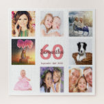 60th birthday photo collage woman white jigsaw puzzle<br><div class="desc">A gift for a woman's 60th birthday,  celebrating her life with a collage of 8 of your photos.  Templates for a name,  age 60 and a date.  Date of birth or the date of the anniversary.  Coral and burgundy coloured letters.  White background.</div>