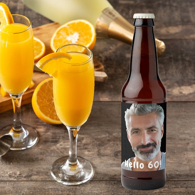 60th birthday photo hello 60 guys men beer bottle label (Creator Uploaded)