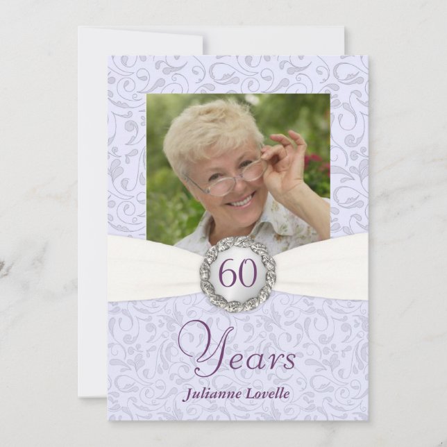 60th Birthday Photo Invitations Lavender Damask (Front)