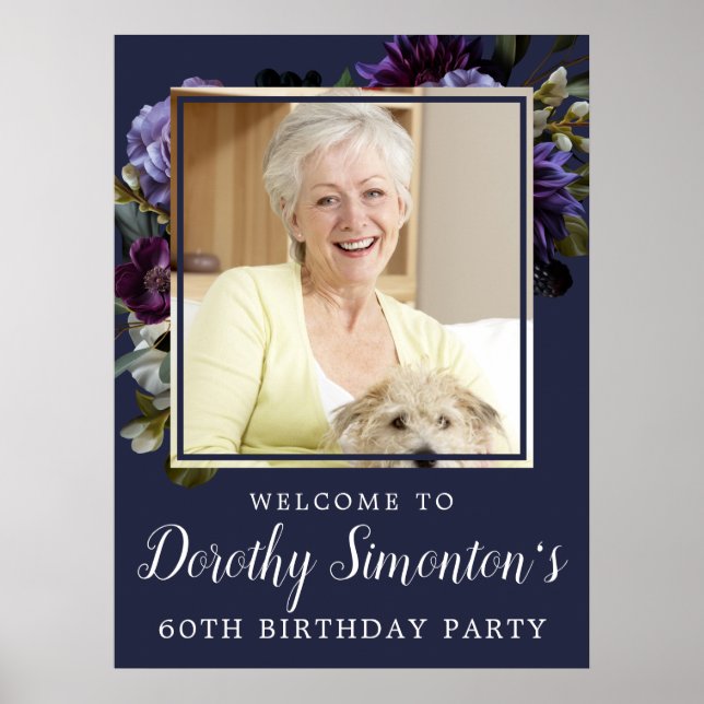 60th Birthday Photo Moody Purple Floral Welcome Poster (Front)