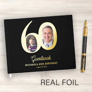 60th Birthday photo name black gold Guest Book
