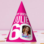 60th birthday photo personalised white hot pink party hat<br><div class="desc">Bright add your own photo and name party hat. Ideal for a special girls 60th birthday party celebration. Vibrant hot pink and white design. Other matching birthday items are available.  Original graphic art and design by www.mylittleeden.com</div>