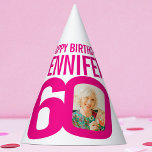 60th birthday photo personalised white pink party hat<br><div class="desc">Bold add your own photo and name party hat. Ideal for a special 60th birthday party celebration. Bright hot pink and white design. Other matching birthday items and colour options are available.  Original graphic art and design by www.mylittleeden.com</div>