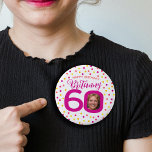 60th birthday photo pink golden yellow confetti 3 cm round badge<br><div class="desc">Bright colourful confetti random dots birthday 60th surprise party button. In deep pink, red, coral, golden yellow and yellow on white. Add your own birthday girl's photo in the centre of the 0 in 60 and customise with your own sixtieth birthday girls name. Other matching items and milestone birthday years...</div>