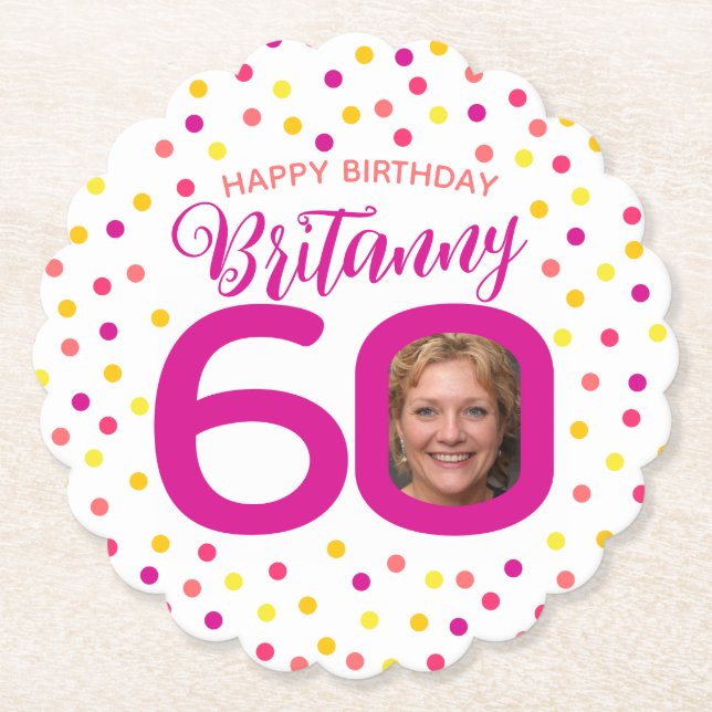 60th birthday photo pink golden yellow confetti  paper coaster (Front)