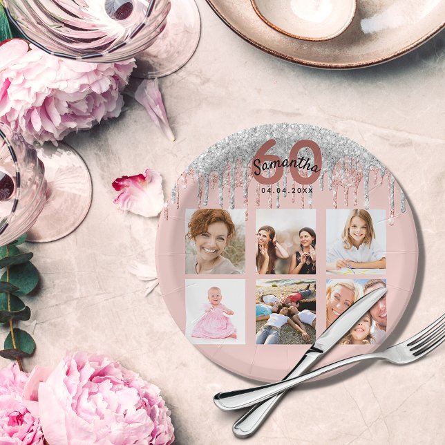 60th birthday photo rose gold glitter pink silver paper plate (Creator Uploaded)