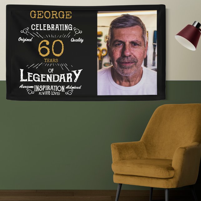 60th Birthday Photo Template Legendary Banner (Custom 60th birthday wall banner with name and photo hanging on a two tone green wall)