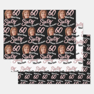 60th birthday photos pink black white wrapping  paper sheet