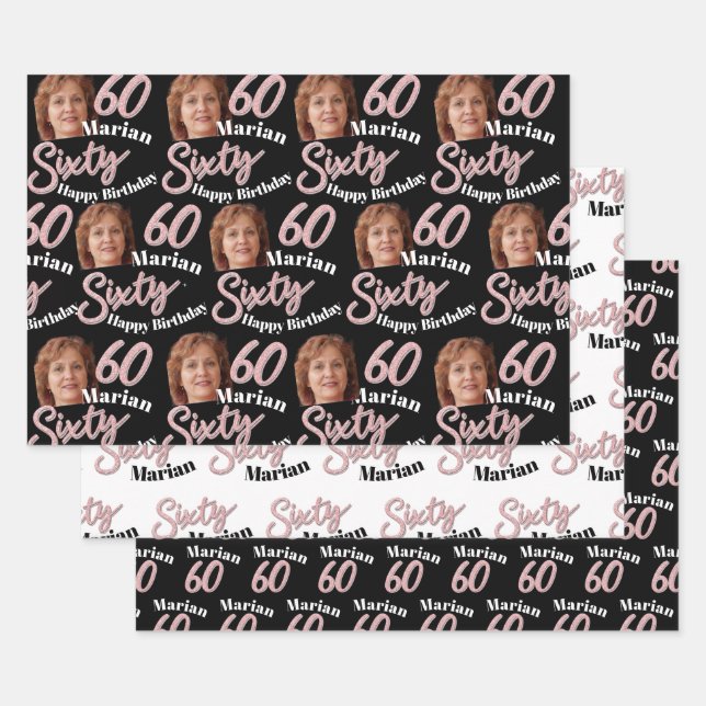 60th birthday photos pink black white wrapping  paper sheet (Set)