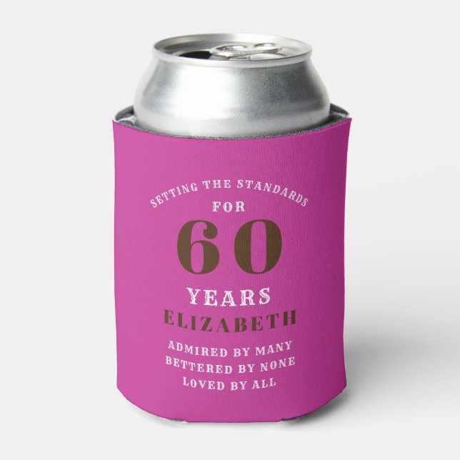 60th Birthday Pink black white Add Your Name Can Cooler (Can Front)