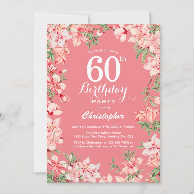 60th Birthday Pink Boho Botanical Floral Flowers Invitation (Front)