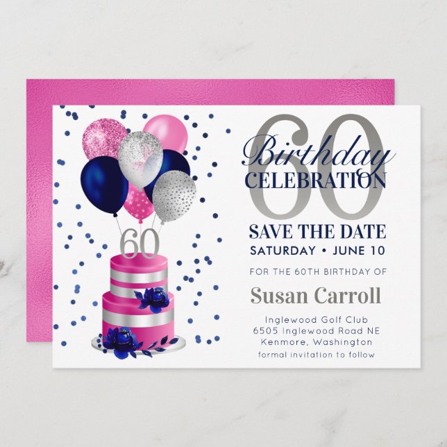 60th Birthday Pink Cake Save The Date Invitation (Front/Back)
