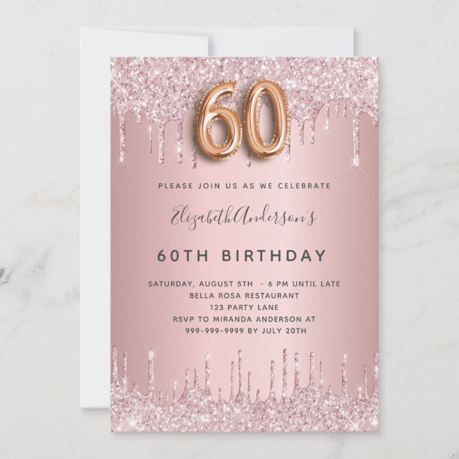 60th Birthday pink dusty rose glitter luxury Invitation (Front)