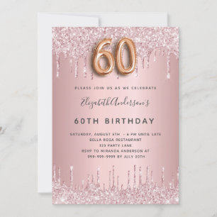 60th Birthday pink dusty rose glitter luxury Invitation