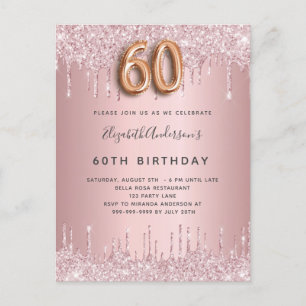 60th Birthday pink dusty rose glitter luxury Invitation Postcard