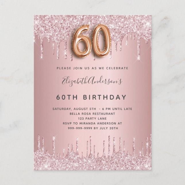 60th Birthday pink dusty rose glitter luxury Invitation Postcard (Front)