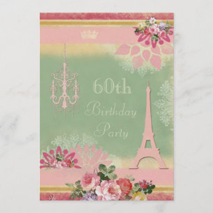 60th Birthday Pink Eiffel Tower and Chandelier Invitation