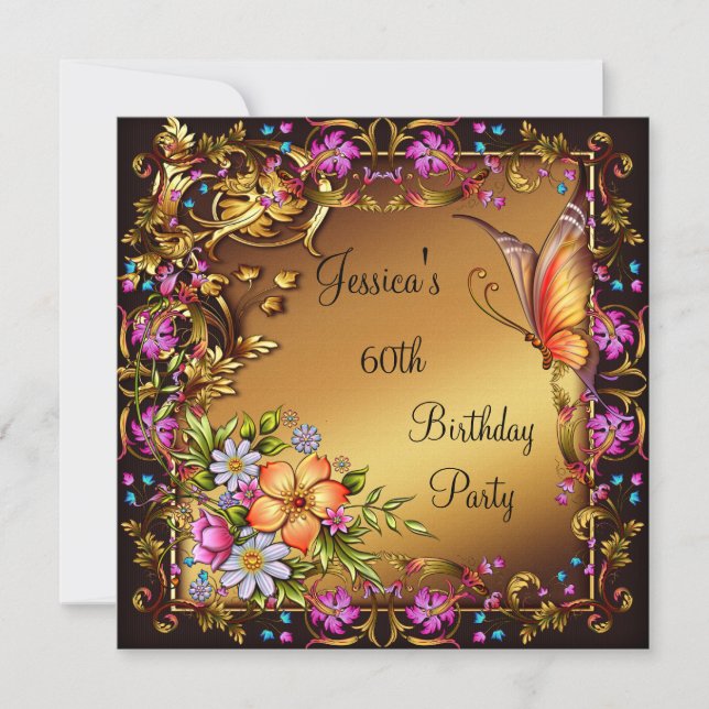 60th Birthday Pink Floral Butterfly Gold Black 2 Invitation (Front)