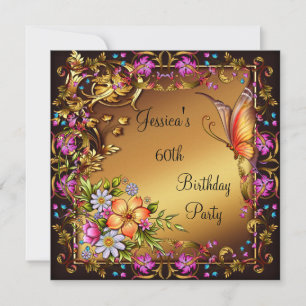 60th Birthday Pink Floral Butterfly Gold Black 2 Invitation