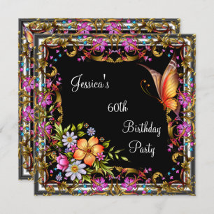 60th Birthday Pink Floral Butterfly Gold Black 3 Invitation