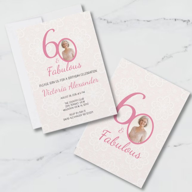 60th Birthday Pink Floral Photo Celebration Invitation (60th Birthday Pink Floral Photo Celebration Invitation)