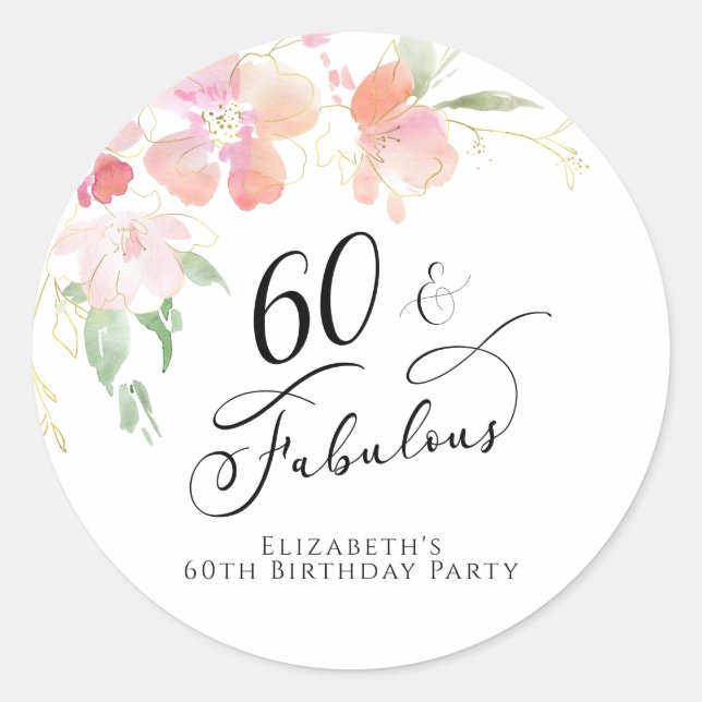 60th Birthday Pink Floral Watercolor Classic Round Sticker (Front)