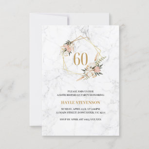 60th Birthday Pink Floral White Marble Chic Invitation