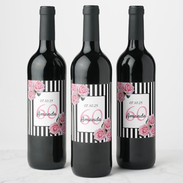 60th birthday pink florals on black white stripes wine label (Bottles)