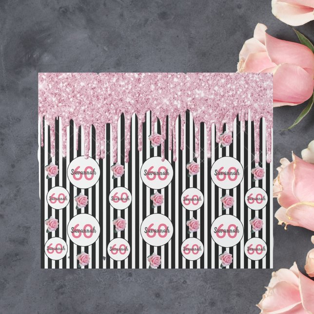 60th birthday pink glitter black white stripes wrapping paper (Creator Uploaded)