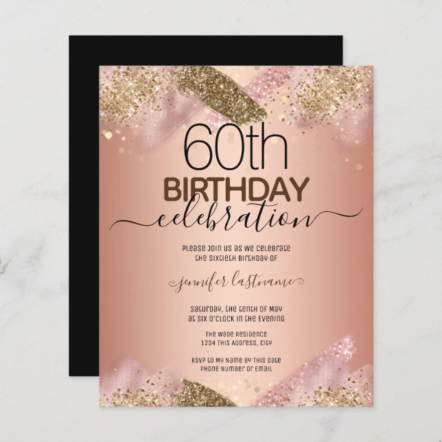 60th Birthday Pink Glitter Party Budget Invitation (Front/Back)