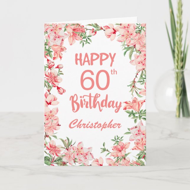 60th Birthday Pink Peach Peonies Watercolor Floral Card (Front)