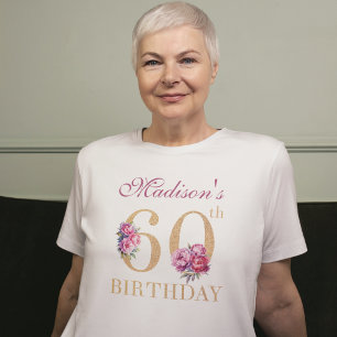 60th Birthday Pink Peonies Gold Glitter Custom T-Shirt