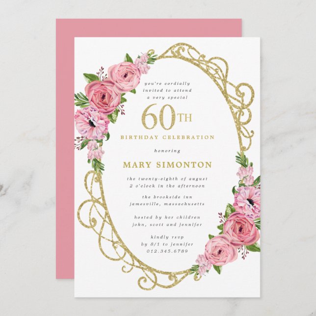 60th Birthday Pink Rose Floral Gold Invitation (Front/Back)