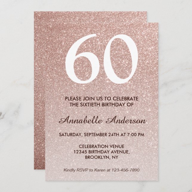 60th Birthday Pink Rose Gold Glitter Sparkle Ombre Invitation (Front/Back)