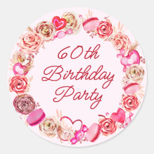 60th Birthday Pink Rose Swirly Heart Envelope Classic Round Sticker