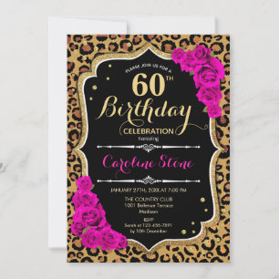 60th Birthday - Pink Roses Leopard Print Invitation