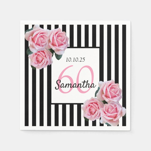 60th birthday pink roses on black white stripes napkin (Front)