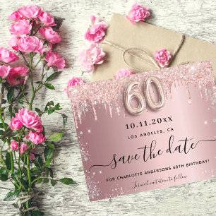 60th birthday pink silver save the date card