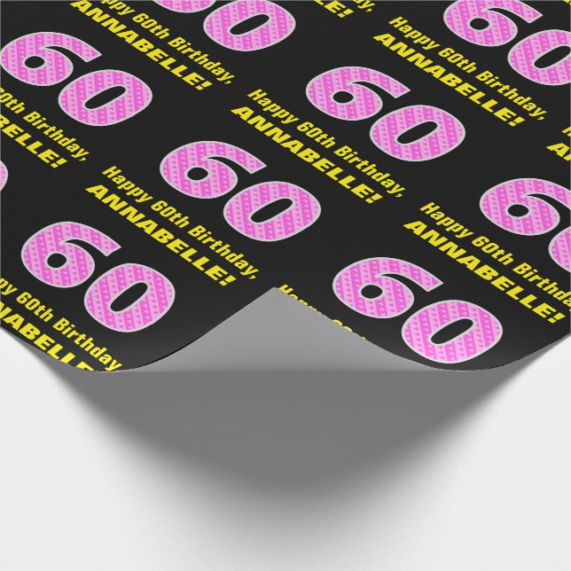 60th Birthday: Pink Stripes and Hearts "60" + Name Wrapping Paper (Corner)