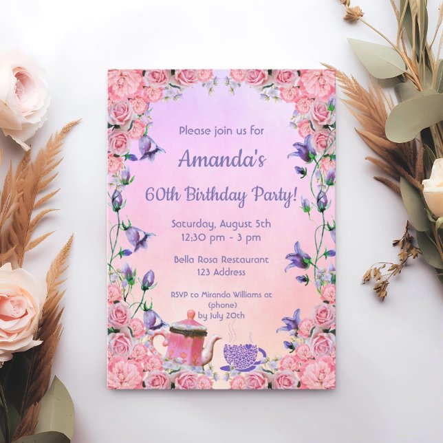 60th birthday pink violet tea party invitation (Creator Uploaded)