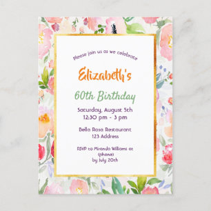 60th birthday pink watercolored florals invitation postcard