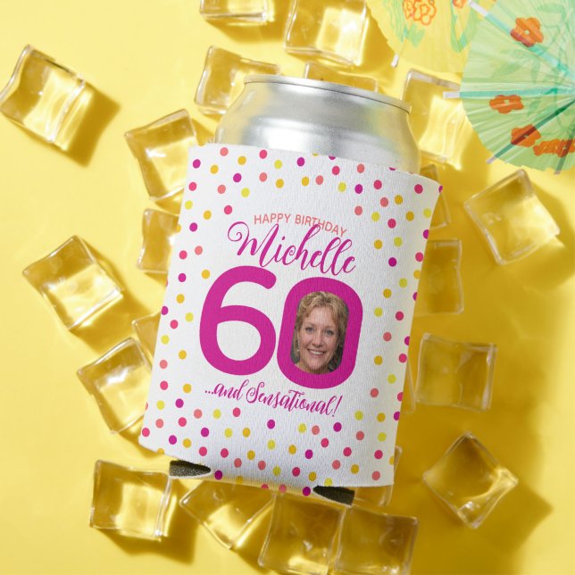 60th birthday pink yellow confetti two photos can cooler (In Situ Summer)