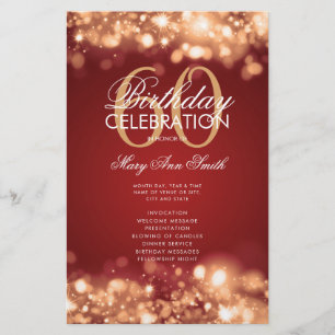 60th Birthday Program Glam Lights Gold Red Menu