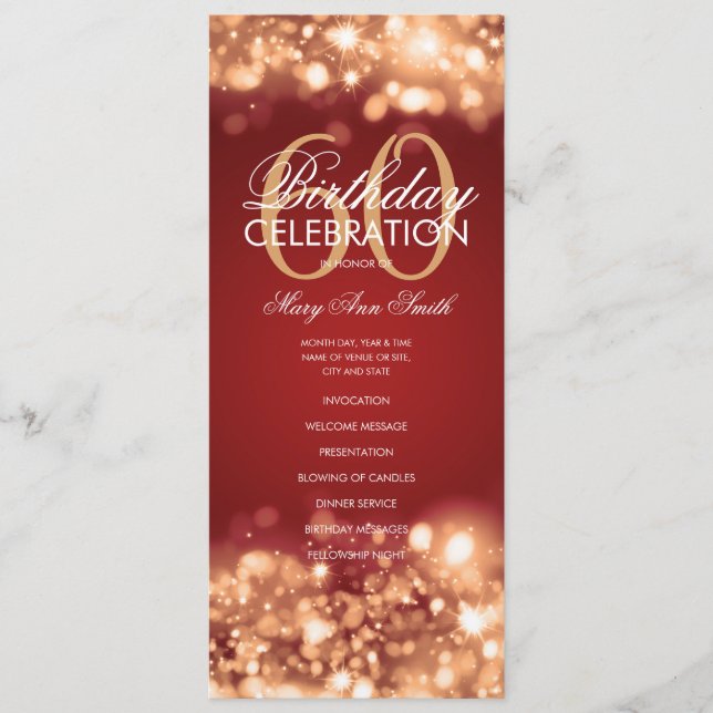 60th Birthday Program Glam Lights Gold Red w/ Menu (Front)