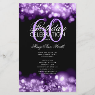 60th Birthday Program Glam Lights Purple Menu