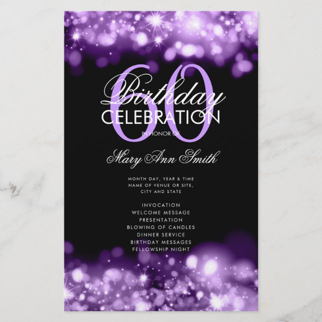 60th Birthday Program Glam Lights Purple Menu (Front)
