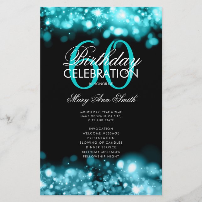 60th Birthday Program Glam Lights Teal Menu (Front)